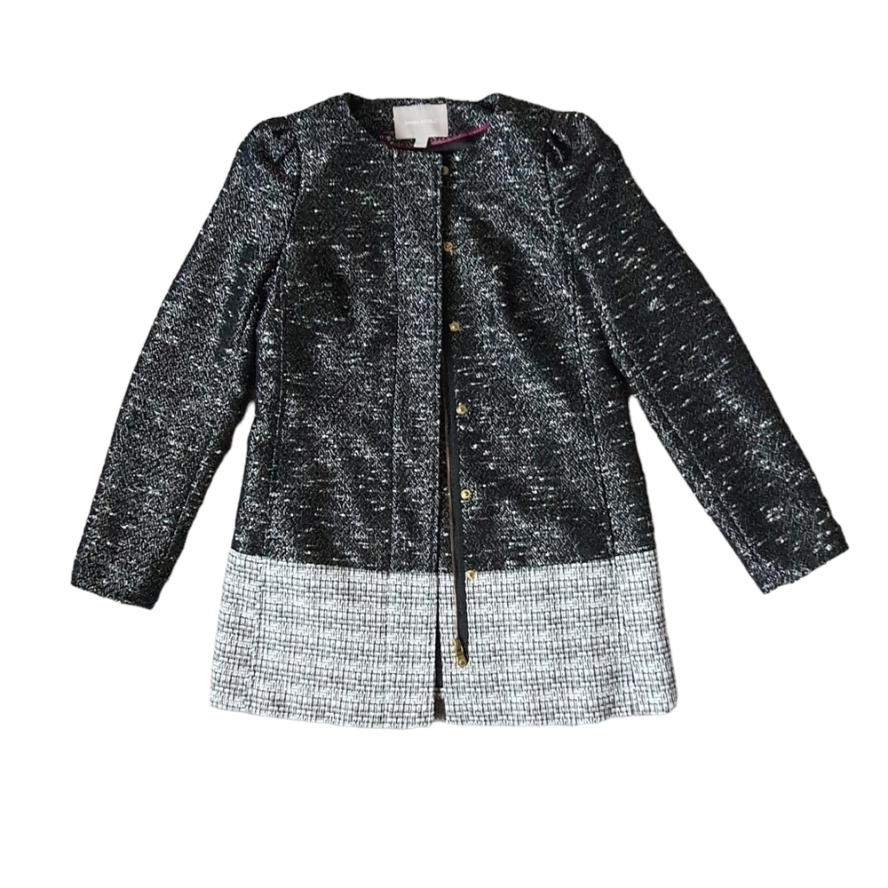 BR Tweed Collarle Coat Jacket Womens S Black Zip